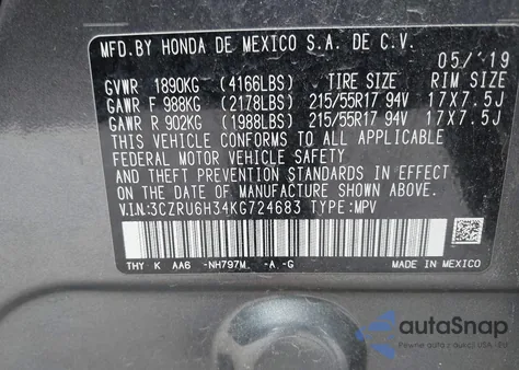 2019 Honda Hr-V Lx from USA, damaged, VIN 3CZRU6H34KG724683